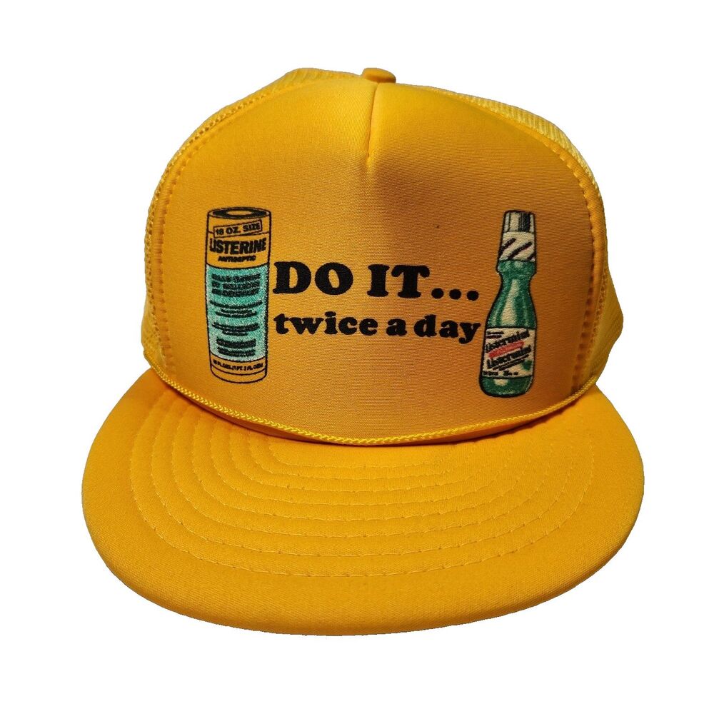 RARE Listerine DO IT TWICE A DAY Trucker Hat Logo Snapback Ball Cap VTG Mesh